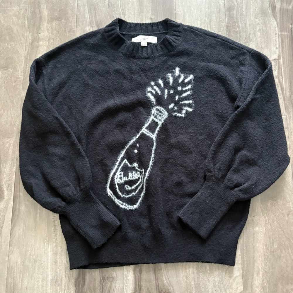 Loft Sweater‎ Sz S "Bubbly" Champagne Bottle Black Cotton Blend Celebration